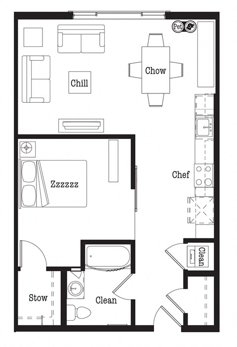 Floor plan for 1 bed, 1 bath, 747 sqft